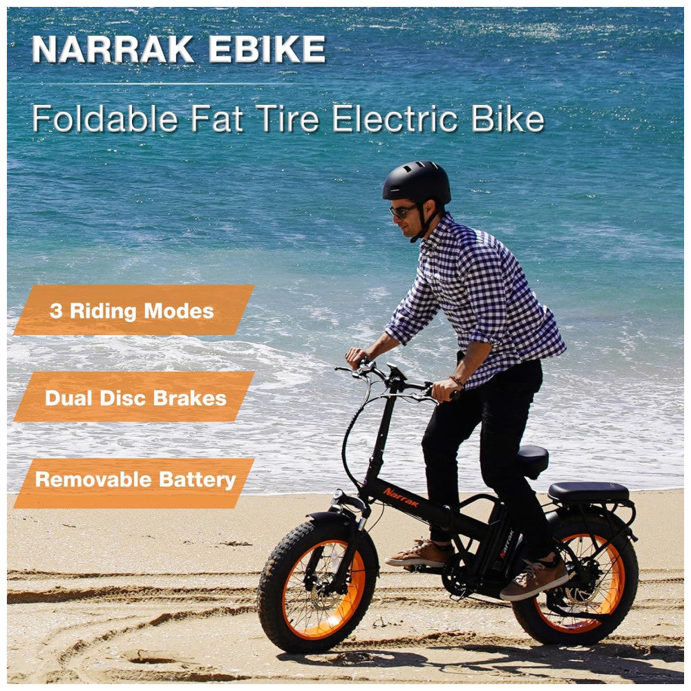 Bicicleta Elétrica Dobrável Narrak S129 Laranja StepOver, Motor Traseiro 750W Pico 1100W , Bateria 48V 13Ah 624Wh , Pneus Largos 20 x4 , Freios a Disco Duplos, Suspensão Dianteira, Transmissão SHIMANO 7 Velocidades, Velocidade Máxima 45,1 km h, Laranja