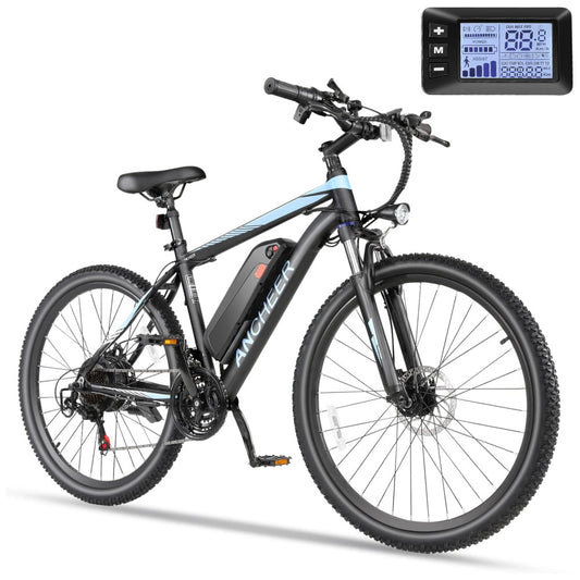 Bicicleta Elétrica ANCHEER Sunshine – Motor Peak 750 W, Bateria Removível 48 V 7,8–10,4 Ah, 21 Velocidades, Pneu 26″, Suspensão Frontal, Cor Preto e Azul