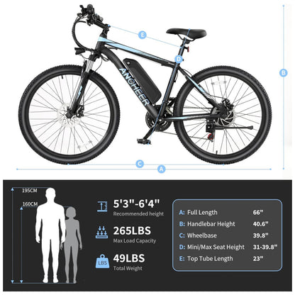 Bicicleta Elétrica ANCHEER Sunshine – Motor Peak 750 W, Bateria Removível 48 V 7,8–10,4 Ah, 21 Velocidades, Pneu 26″, Suspensão Frontal, Cor Preto e Azul