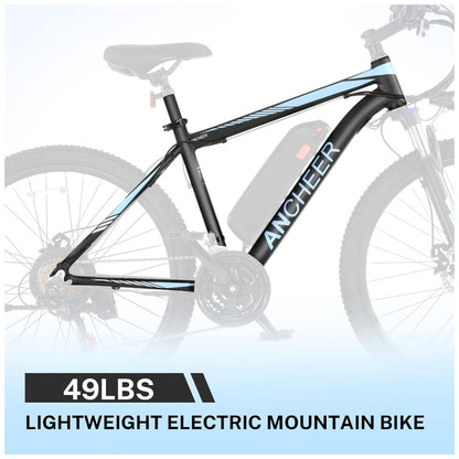 Bicicleta Elétrica ANCHEER Sunshine – Motor Peak 750 W, Bateria Removível 48 V 7,8–10,4 Ah, 21 Velocidades, Pneu 26″, Suspensão Frontal, Cor Preto e Azul