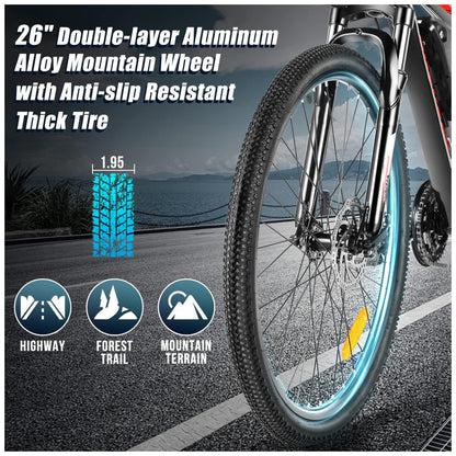 Bicicleta Elétrica ANCHEER Sunshine – Motor Peak 750 W, Bateria Removível 48 V 7,8–10,4 Ah, 21 Velocidades, Pneu 26″, Suspensão Frontal, Cor Preto e Azul