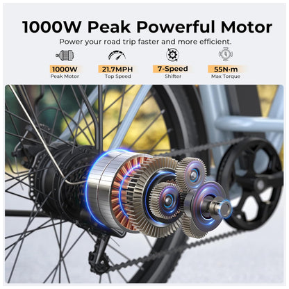 Bicicleta Elétrica Funhang EB C1 1000W com Bateria Removível 48V, 7 Velocidades e Tela LCD para Deslocamento Diário, AZUL