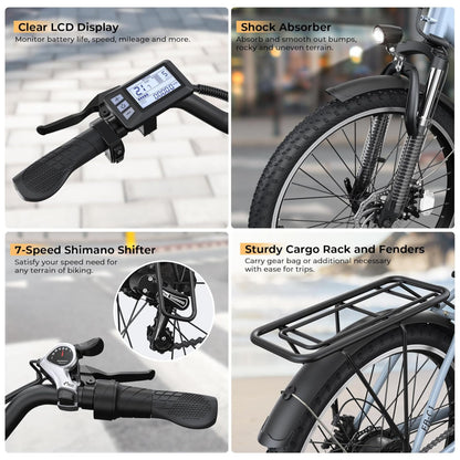 Bicicleta Elétrica Funhang EB C1 1000W com Bateria Removível 48V, 7 Velocidades e Tela LCD para Deslocamento Diário, AZUL