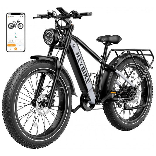 Bicicleta Elétrica Heybike Brawn 750W Pico 1200W – Bateria Removível 48V 18Ah, Rodas 26", Suspensão Hidráulica, Freios a Disco, Câmbio Shimano 7V, Visor LCD e App Smart – Preta