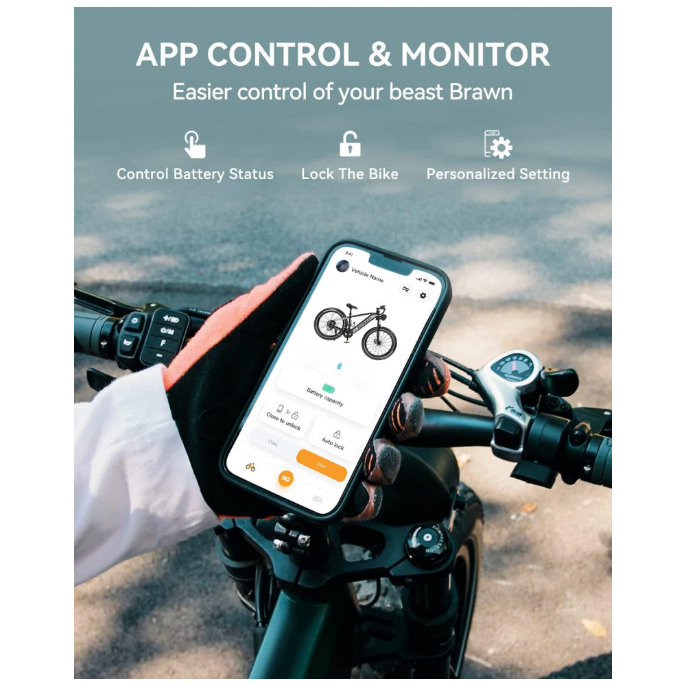 Bicicleta Elétrica Heybike Brawn 750W Pico 1200W – Bateria Removível 48V 18Ah, Rodas 26", Suspensão Hidráulica, Freios a Disco, Câmbio Shimano 7V, Visor LCD e App Smart – Preta