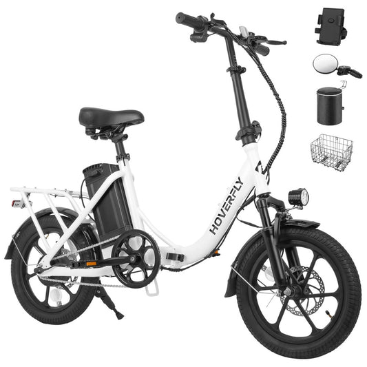 Bicicleta Elétrica Dobrável Hoverfly, 500W de Pico, 25 km h, 45 km de Alcance, Rodas 16 , Bateria Removível, Suspensão Dupla, Freios a Disco e Certificação UL2849, BRANCA